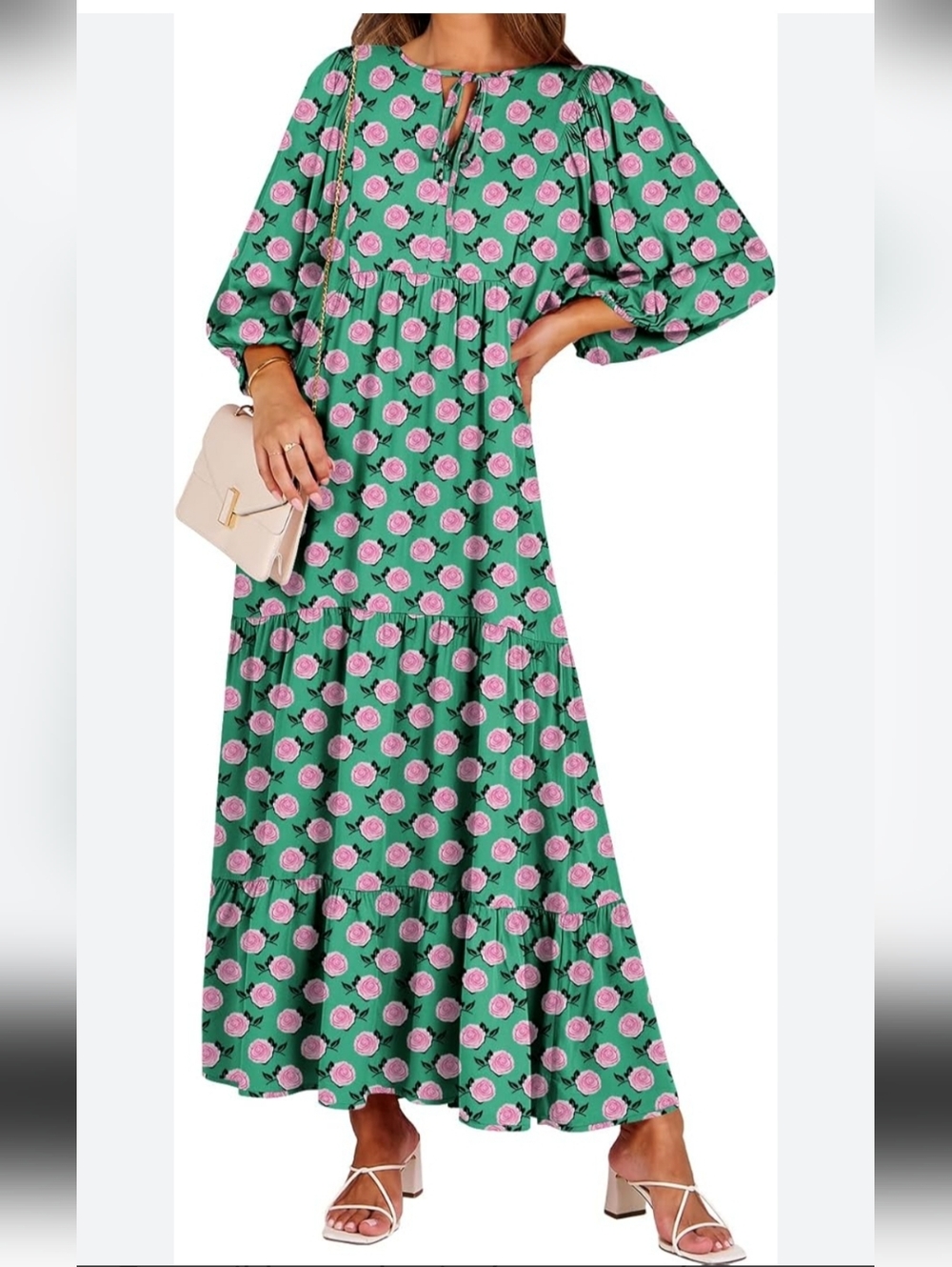 Green Floral Tiered Maxi Skirt with Pink Rose Print